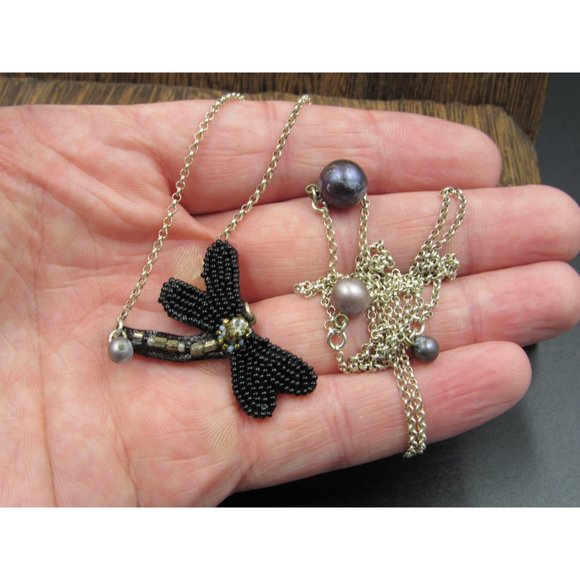 Hangs 17" Sterling Silver Handmade Dragonfly And Pearl Necklace Vintage - Picture 2 of 5